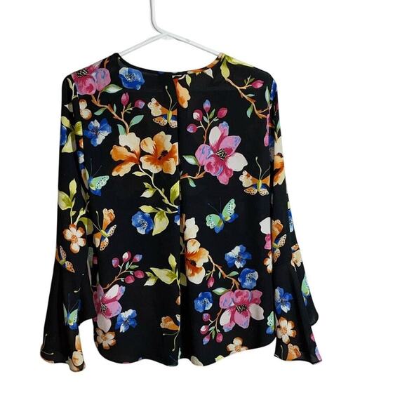 Women’s PM Black Floral V-Neck Blouse INC International‎ Concepts Bell Sleeve - Picture 1 of 4